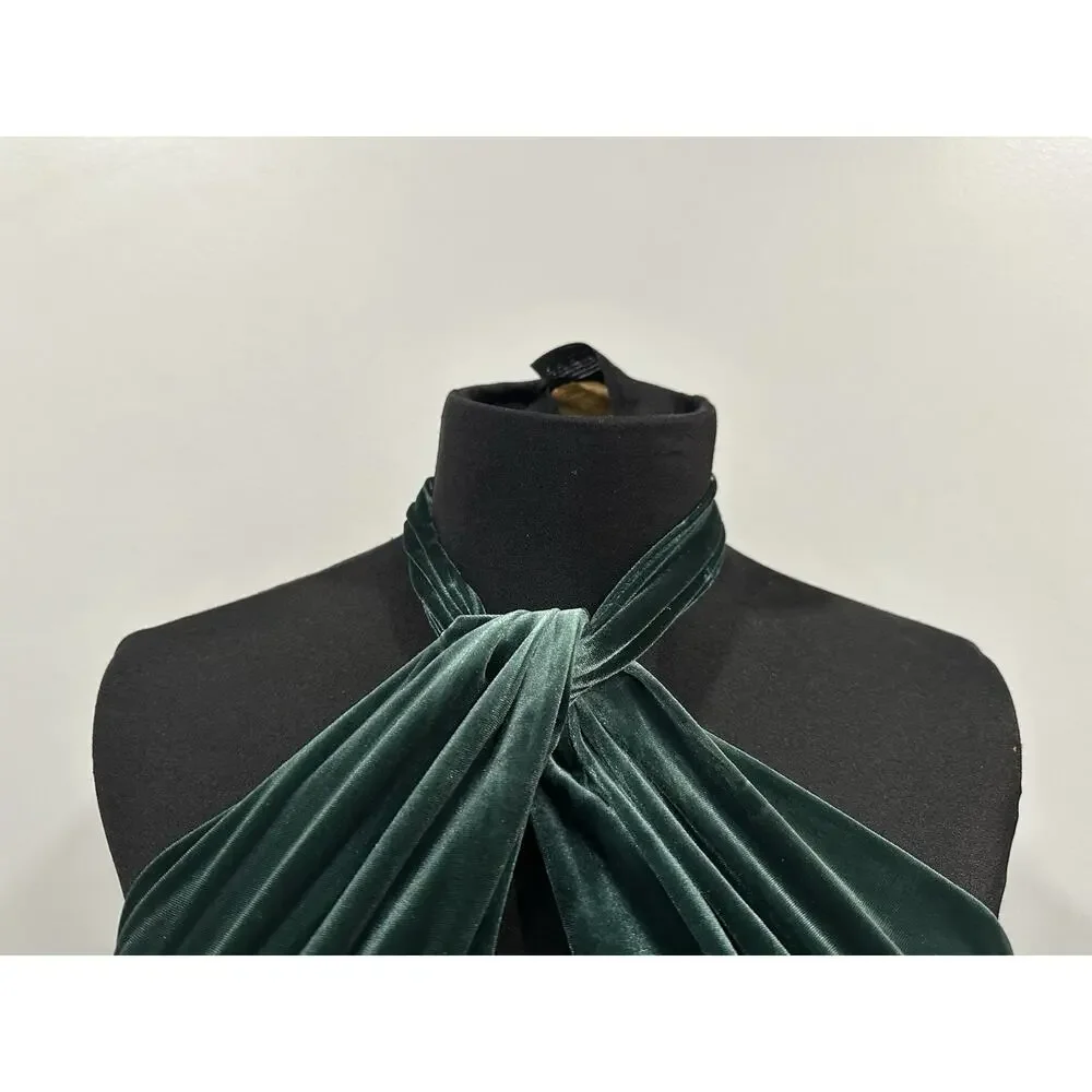 Mac Duggal 11924 Green Twist Neck Open Front Velvet Draped Velvet Dress Sz 12